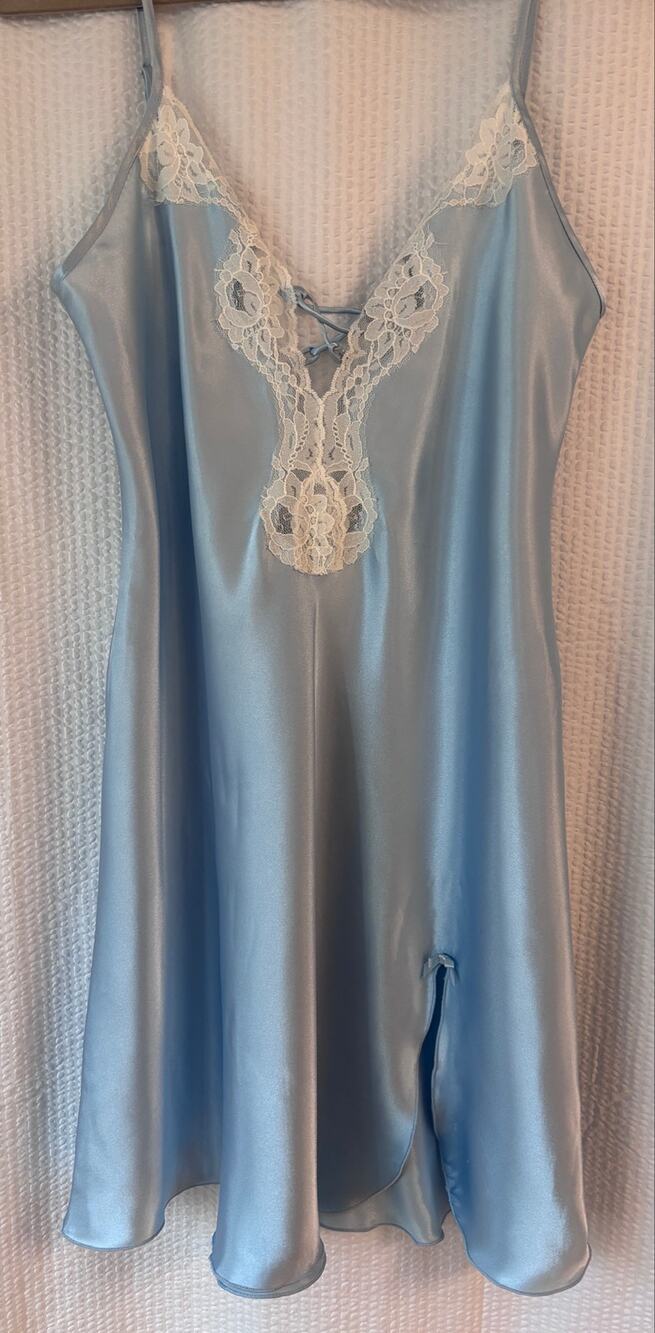 Whispers Satin Chemise Blue Lace Coquette Fairycore Slip Dress Lingerie Size M